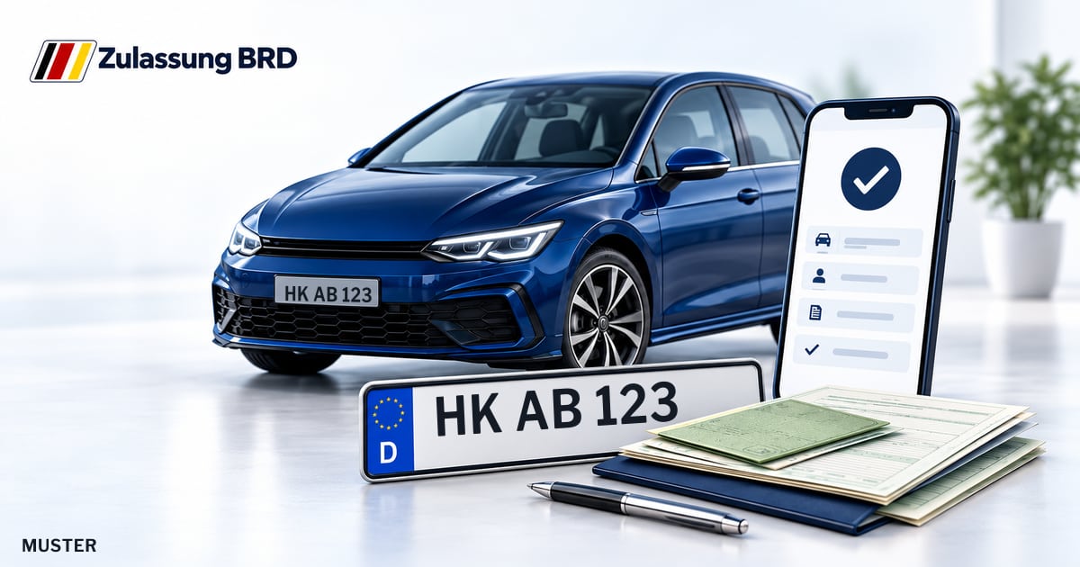Online Fahrzeugzulassung in Schneverdingen: Musterkennzeichen HK AB 123, Auto und Fahrzeugpapiere und Smartphone. Illustration mit Logo von Zulassung BRD.